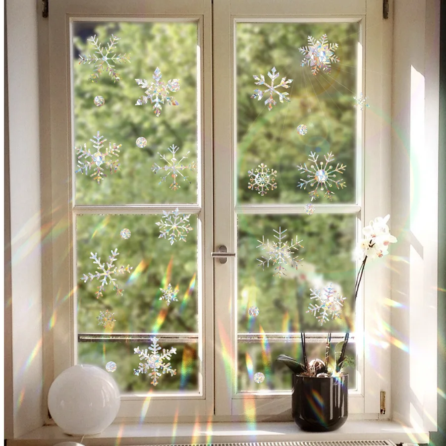 Pegatinas navideñas para ventana, deslumbrantes pegatinas electrostáticas para ventana, prisma de arcoíris, copo de nieve, muñeco de nieve, pegatinas para ventana de vidrio - imagen 3