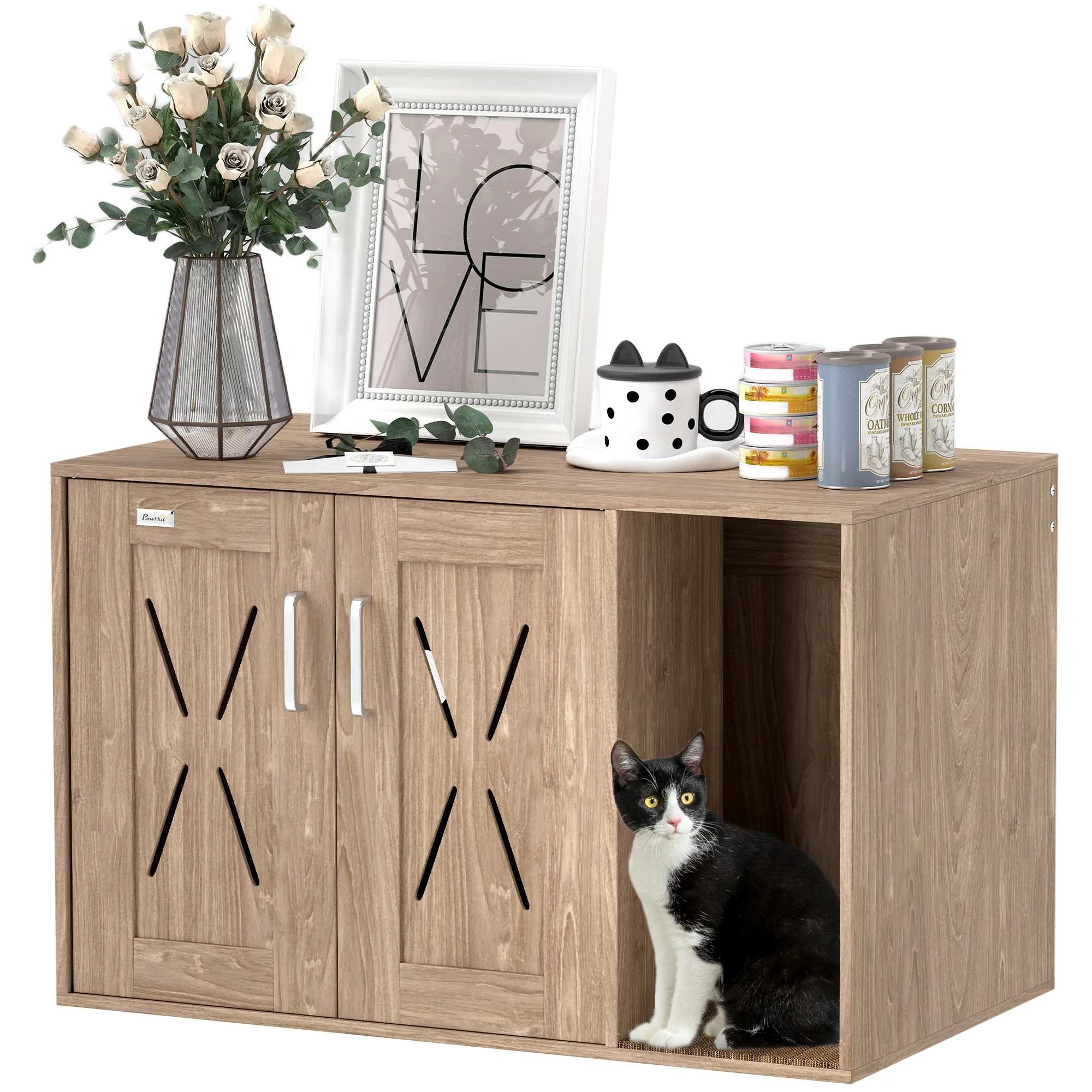 PawHut Mueble Arenero para Gatos 3 en 1 Nido Mesa Auxiliar Caja de Arena para Gatos con Puertas Estera para Rascar y Compartimento para Salón Dormitorio 80x48x50,5 cm Marrón - imagen 2