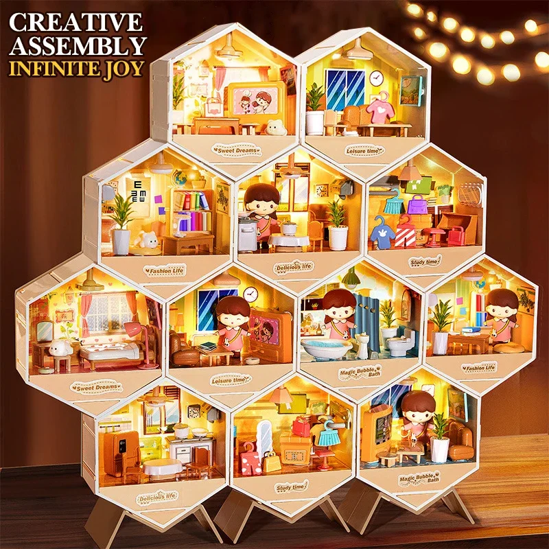 Mini Kit Diy para casa de muñecas, fabricación de cabañas, modelos de habitación de ensamblaje, juguetes, decoraciones para el hogar y el dormitorio con muebles, decoración de mesa