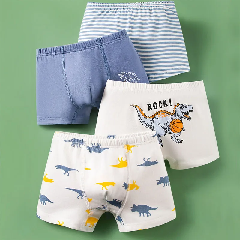 4 unids/lote de ropa interior para niños, Boxers de algodón para niños de 3 a 11T, calzoncillos transpirables para niños, calzoncillos Boxer con estampado de dinosaurio de dibujos animados para niños