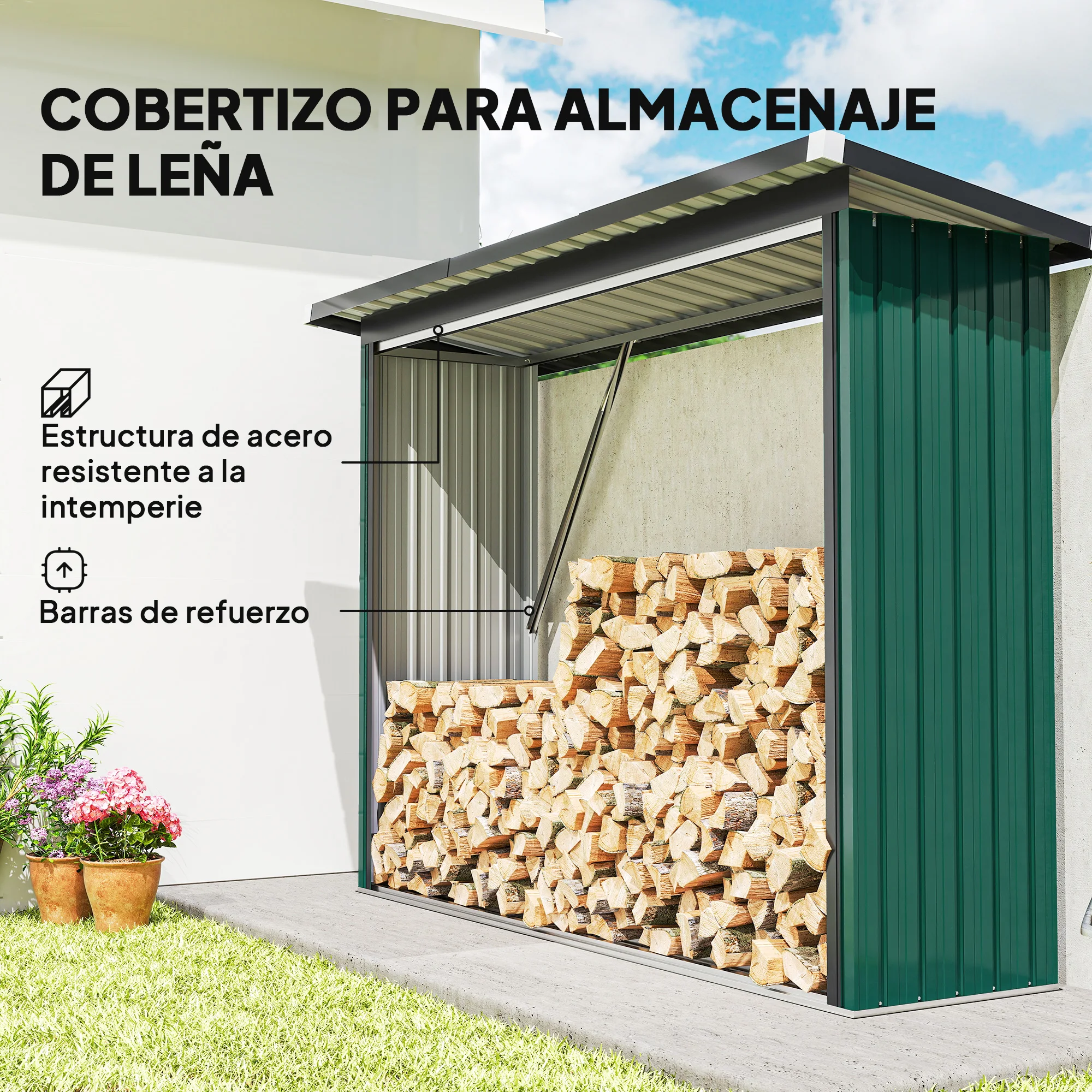 Outsunny Casetilla para Leña de Acero Galvanizado, Cobertizo Leñero Exterior de Almacenamiento de Troncos, con Base Elevada y Techo Inclinado, 213x66,5x150 cm, Verde - imagen 5