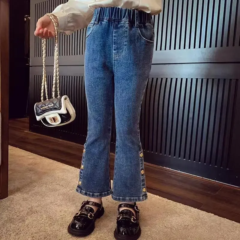 Pantalones vaqueros informales de estilo Retro para niñas, pantalones vaqueros ajustados de campana para niños, pantalones vaqueros de cintura media a la moda para niñas, primavera y otoño - imagen 4