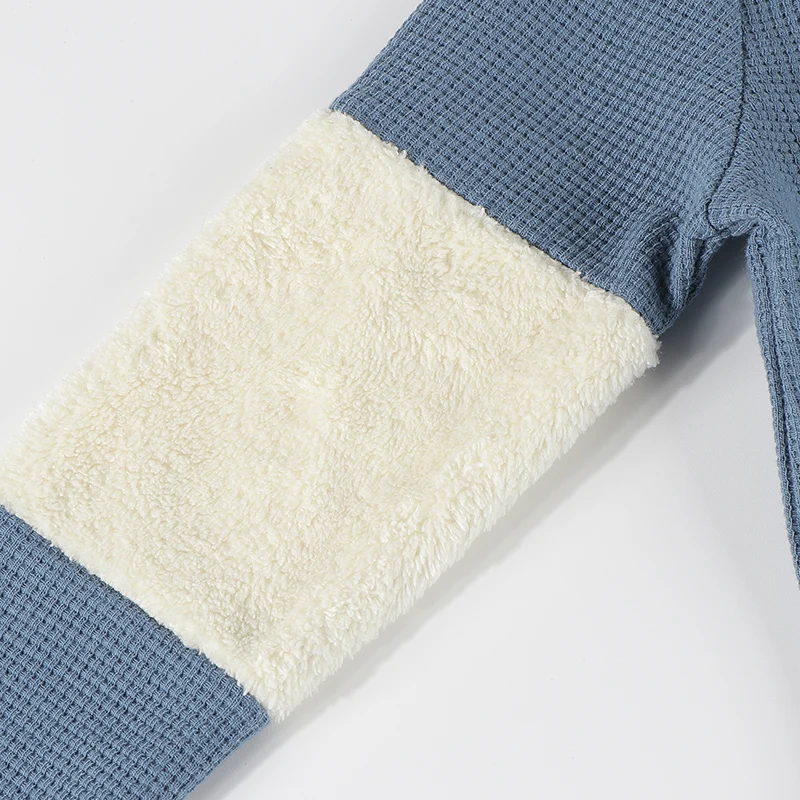 Camiseta de punto para niños, camisa de manga larga con parche de piel en contraste, con cordón, cuello redondo, Invierno - imagen 4