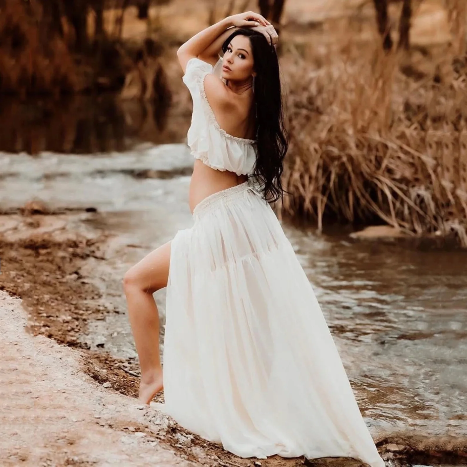 Vestido premamá de chifón para sesión de fotos – Largo vaporoso - imagen 2