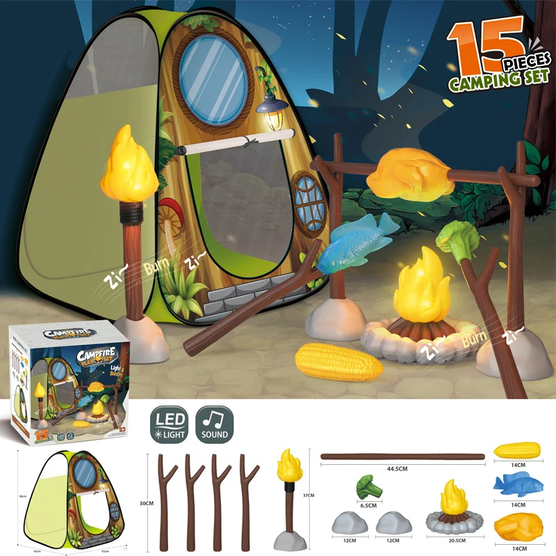 Juego de tienda de campaña para niños, juguetes para niños pequeños con fogata, juguetes para acampar para niños, interior y exterior, juego de simulación, modelos de luz y sonido - imagen 5
