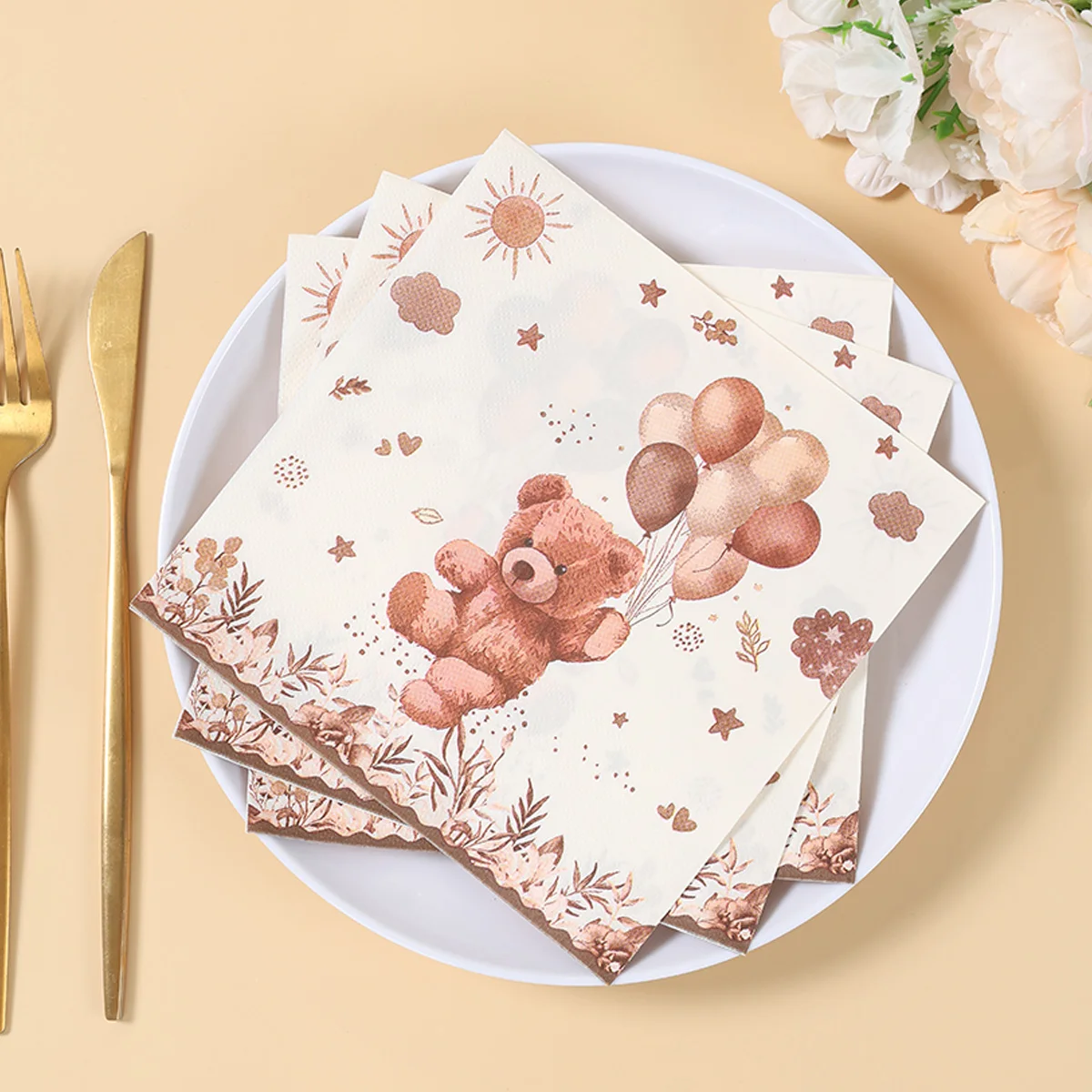 Vajilla desechable de 20/24 Uds., globo de oso de peluche marrón, servilleta de papel, decoración para fiesta de feliz cumpleaños, suministros para Baby Shower para niños y niñas - imagen 3
