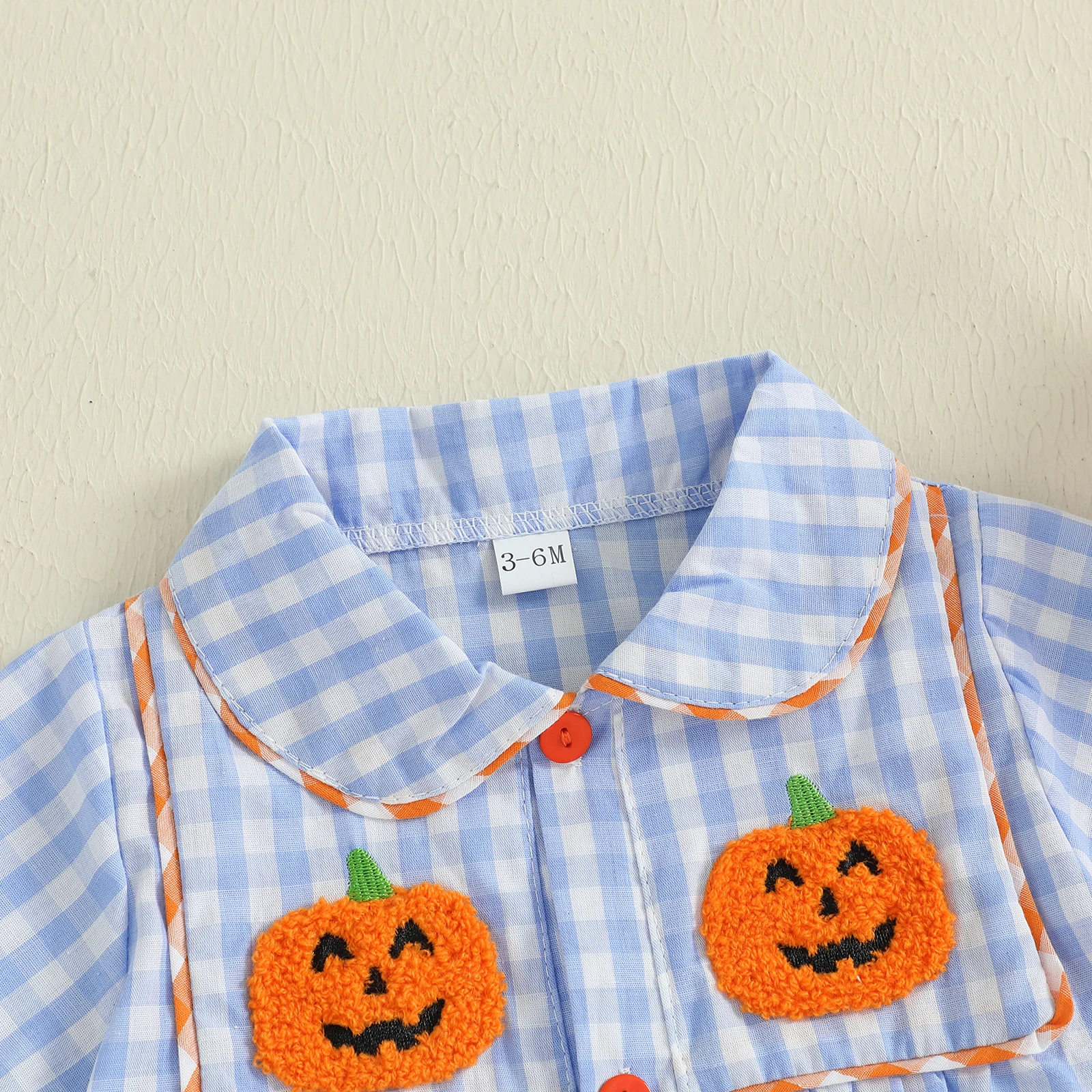 VISgogo Mono bordado de calabaza para niña de 0 a 18 meses, peleles a cuadros con cuello de muñeca de manga corta para Halloween - imagen 3
