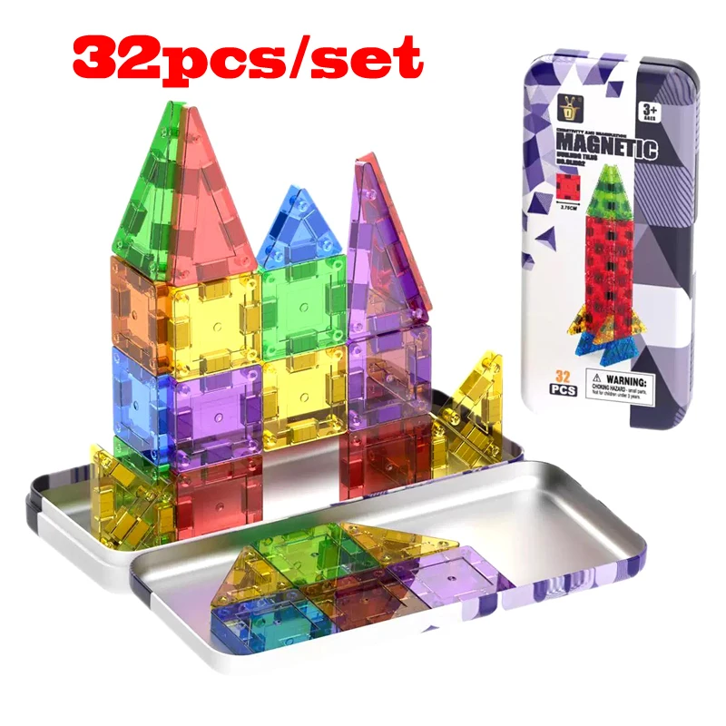 32 Uds. Bloques de construcción magnéticos, azulejos magnéticos de diamante 3D con caja de hierro, juguetes de construcción de diseño magnético para niños, regalo