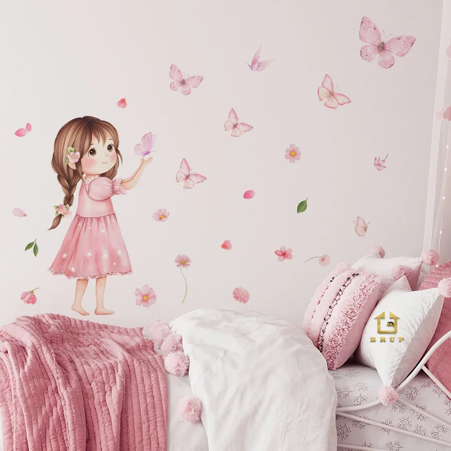 Pegatinas de pared autoadhesivas para niña bonita para dormitorio, habitación de niños, dormitorio, pegatinas de decoración del hogar, flores de mariposa - imagen 3