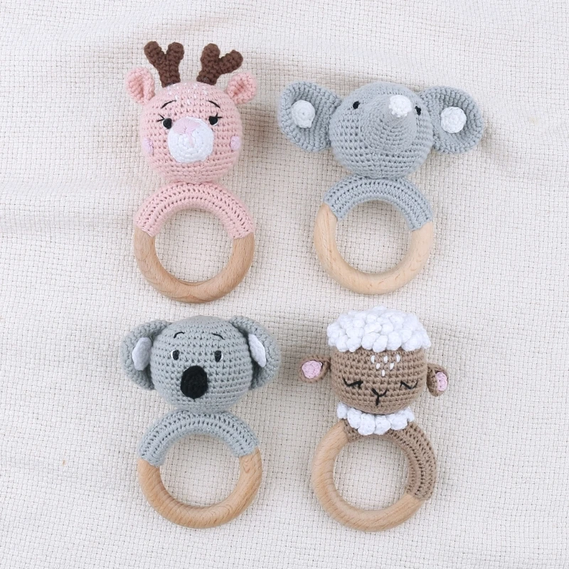 Sonajero de Animal de dibujos animados de ganchillo para bebé, anillo de madera kawaii, sonajero para recién nacido, juguetes hechos a mano, Clips para chupete, juguetes educativos para niños - imagen 5
