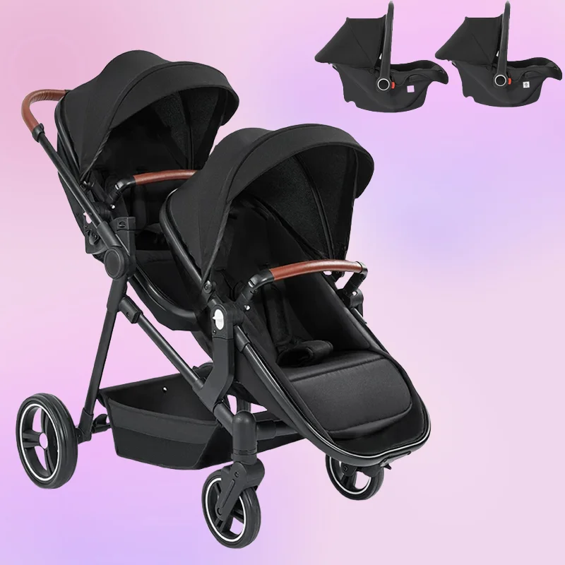 Cochecito de bebé 3 en 1 para gemelos con asiento de coche, cochecito de bebé multifuncional plegable pequeño y ligero