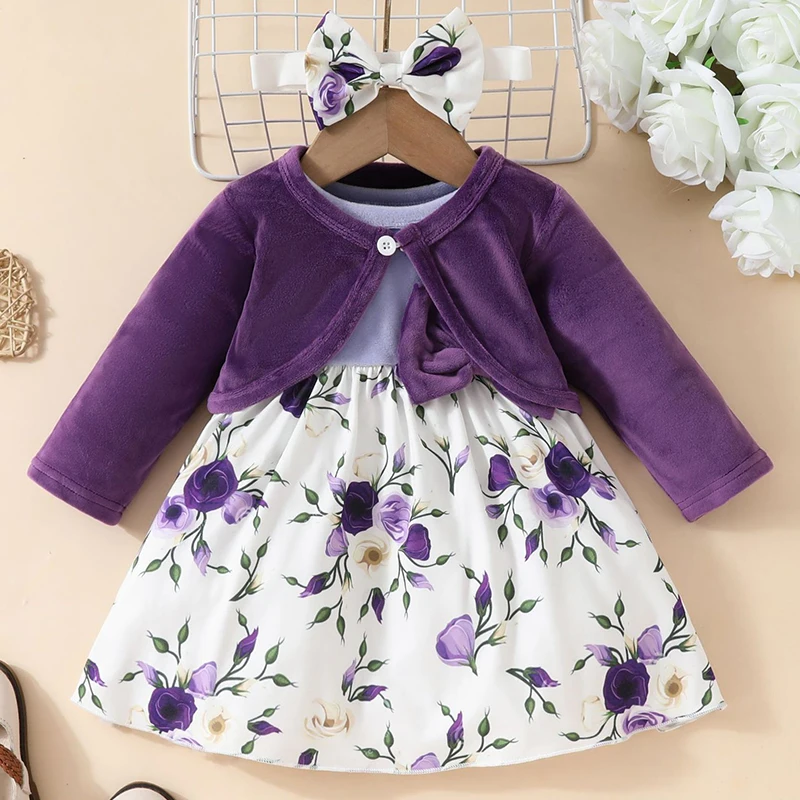 Vestidos de primavera y otoño para niñas, Tops de lana con bonito lazo y flores a la moda coreana + vestido de cumpleaños para niños pequeños, artículos para recién nacidos BC1405, 3 piezas