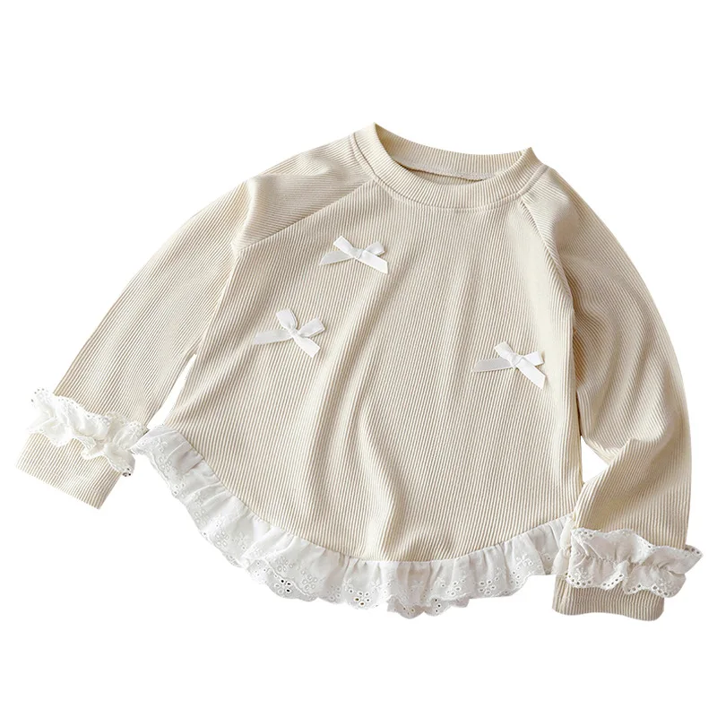Camiseta manga larga con lazo de encaje estilo coreano para niña - imagen 4