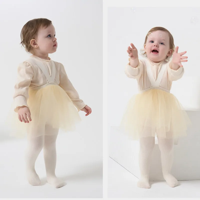 Medias de algodón peinado suave para niñas pequeñas, pantimedias de punto elásticas de Color sólido con falda tutú para niñas pequeñas de 1-2 años - imagen 3