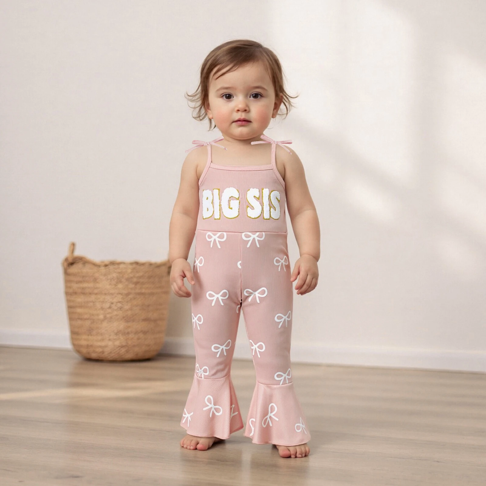 ViSgogo Mono rosa para niña pequeña, corte holgado, BIG SIS, patrón de texto y lazo, mono suave de poliéster y LICRA para niño pequeño - imagen 5