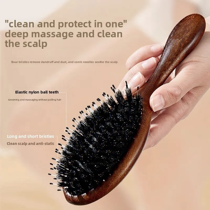 Peine con cojín de aire de cerdas de jabalí de sándalo: masaje del cuero cabelludo y peine meridiano, cabello liso, añade volumen, perfecto para uso doméstico. - imagen 5