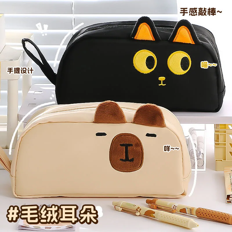 Bolsa de papelería de gato con orejas de felpa de gato negro, bolsa para bolígrafos de dibujos animados con diseño de alta belleza de gran capacidad, bolsa de almacenamiento Simple - imagen 2