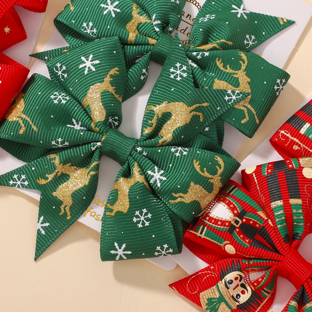 2 unids/set de lazos navideños para el cabello para niñas con Clips, horquillas festivas con cinta de Papá Noel de 3,22 pulgadas, molinete, accesorios para el cabello para vacaciones para niños - imagen 3