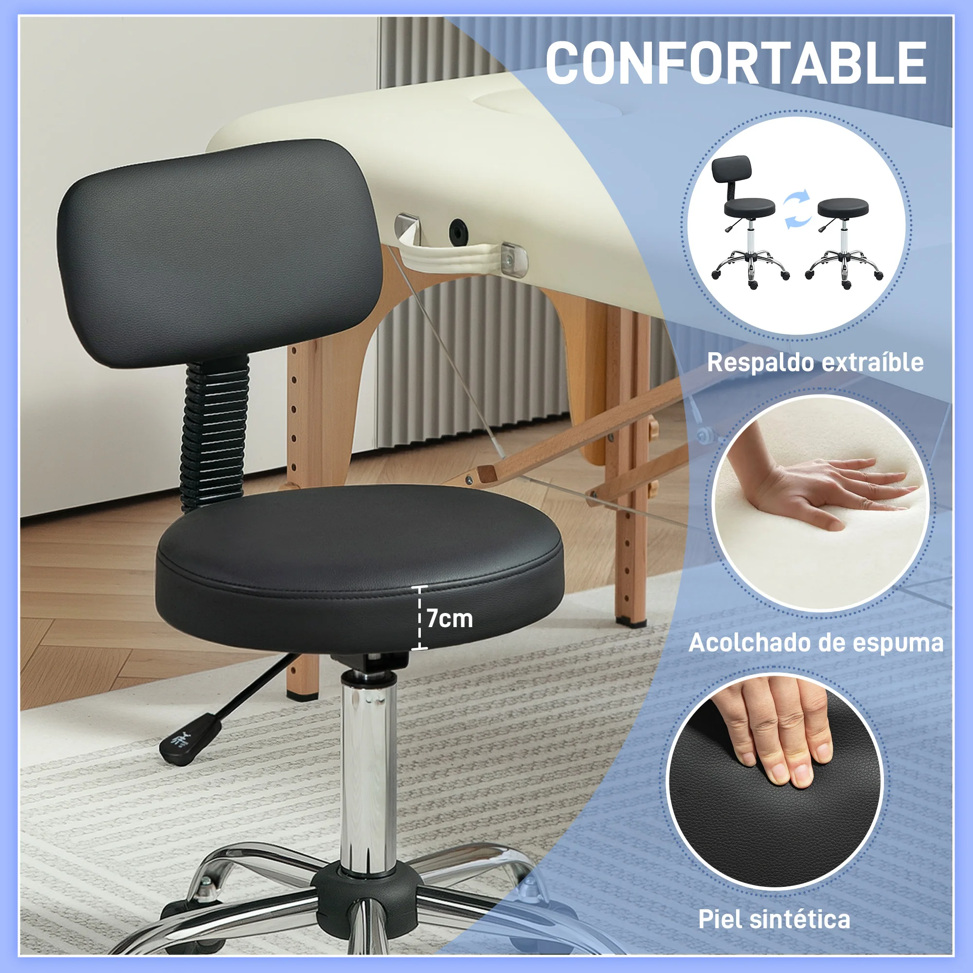 HOMCOM Taburete Giratorio Taburete con Ruedas y Respaldo Taburete de Trabajo con Altura Regulable 78-93 cm Asiento Tapizado de Cuero Sintético Negro - imagen 5