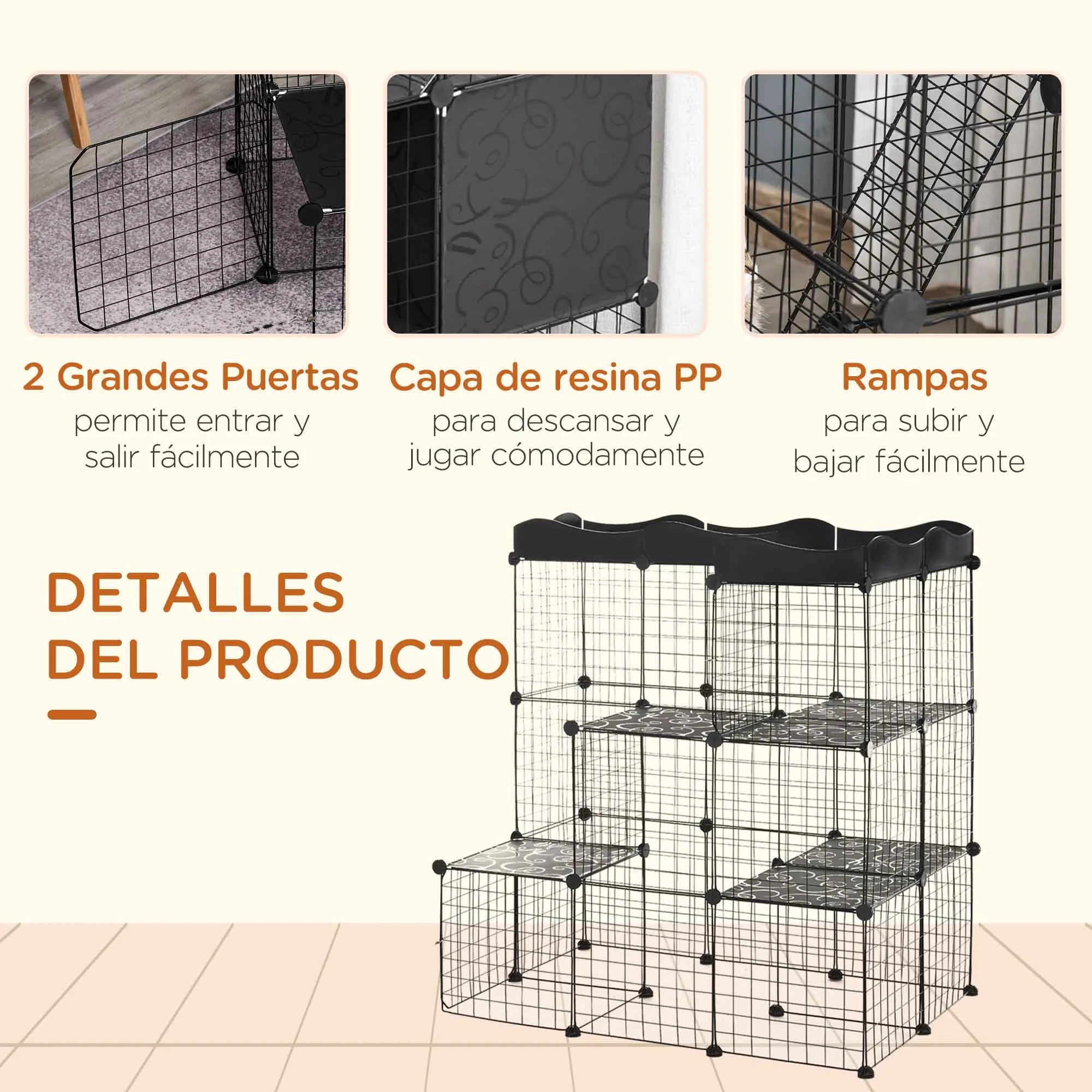 PawHut Jaula para Animales Pequeños de 40 Paneles Parque para Mascotas Forma Personalizable Valla Metálica para Cobayas Conejos Gatito 105x70x116 cm Negro - imagen 5