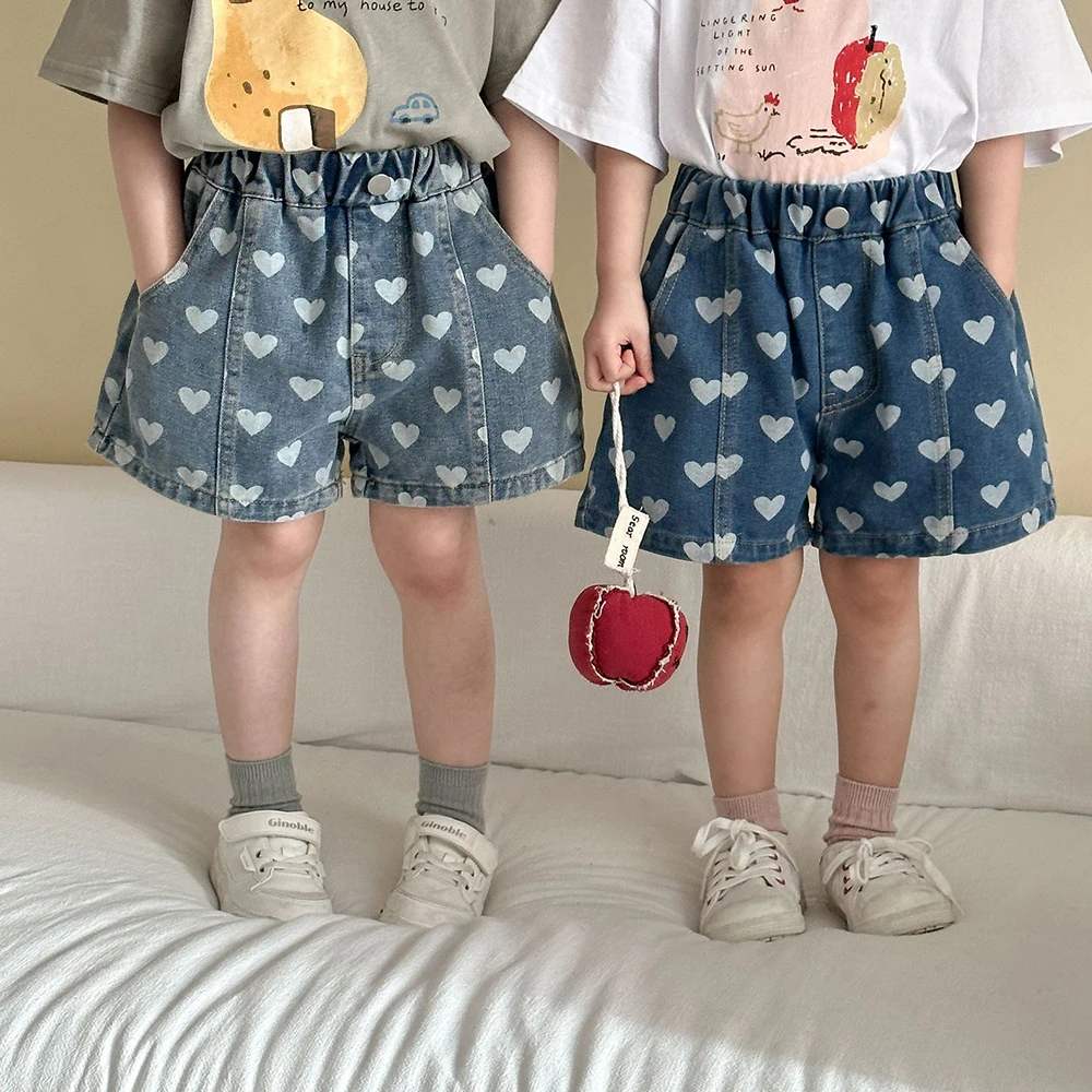 Vaqueros cortos con corazones para niñas 1-8 años, cintura elástica