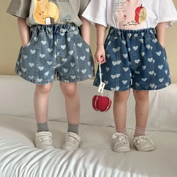 Vaqueros cortos con corazones para niñas 1-8 años, cintura elástica
