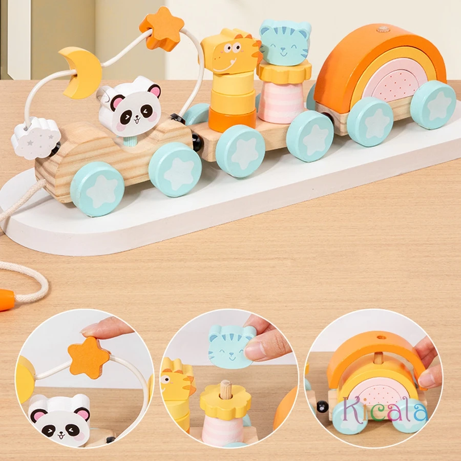 Tren de madera Montessori con animales y números para bebés - imagen 3