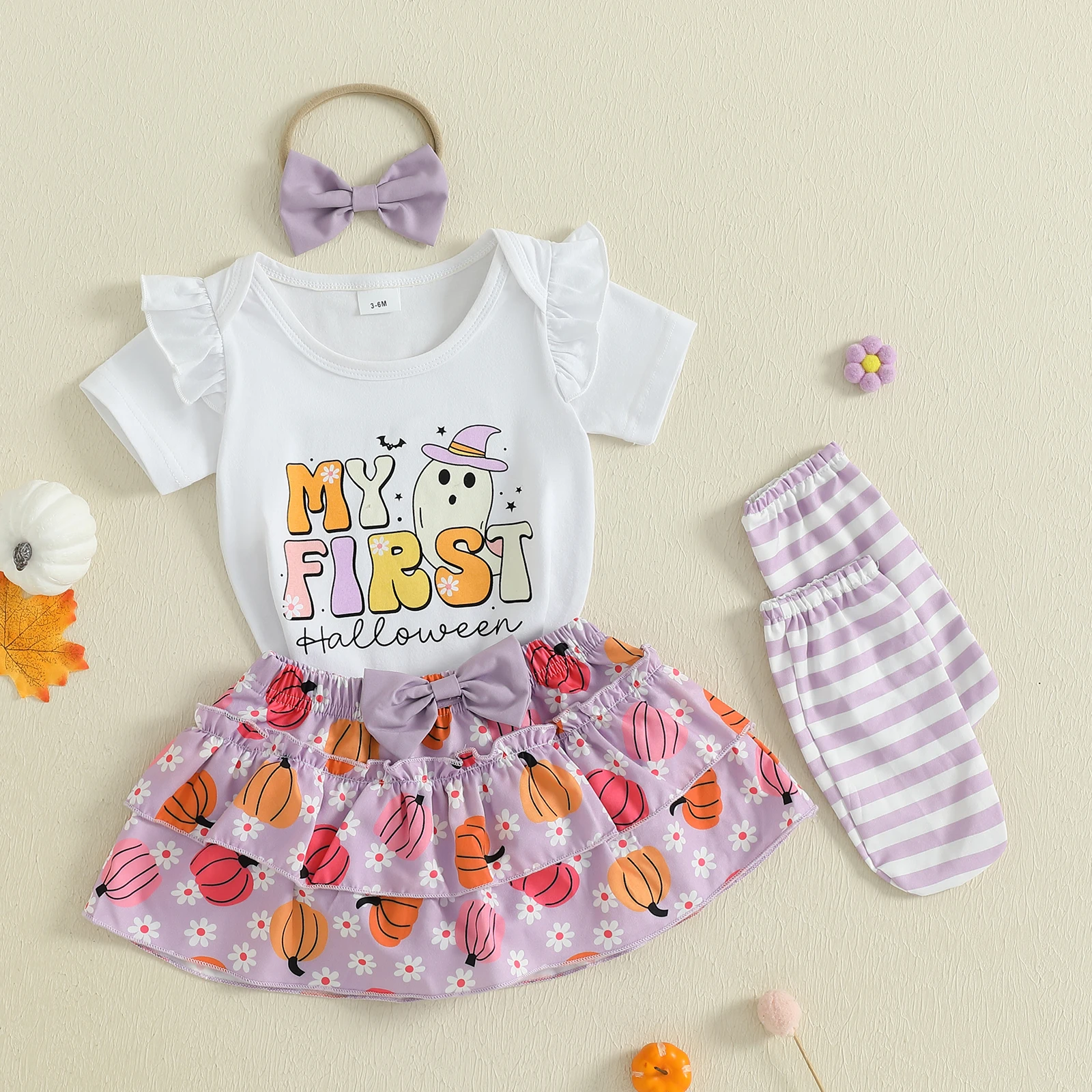 VISgogo Conjunto de 4 piezas de trajes de Halloween para niña, mameluco de manga corta con falda con patrón de calabaza, diadema con lazo y calcetines largos - imagen 3