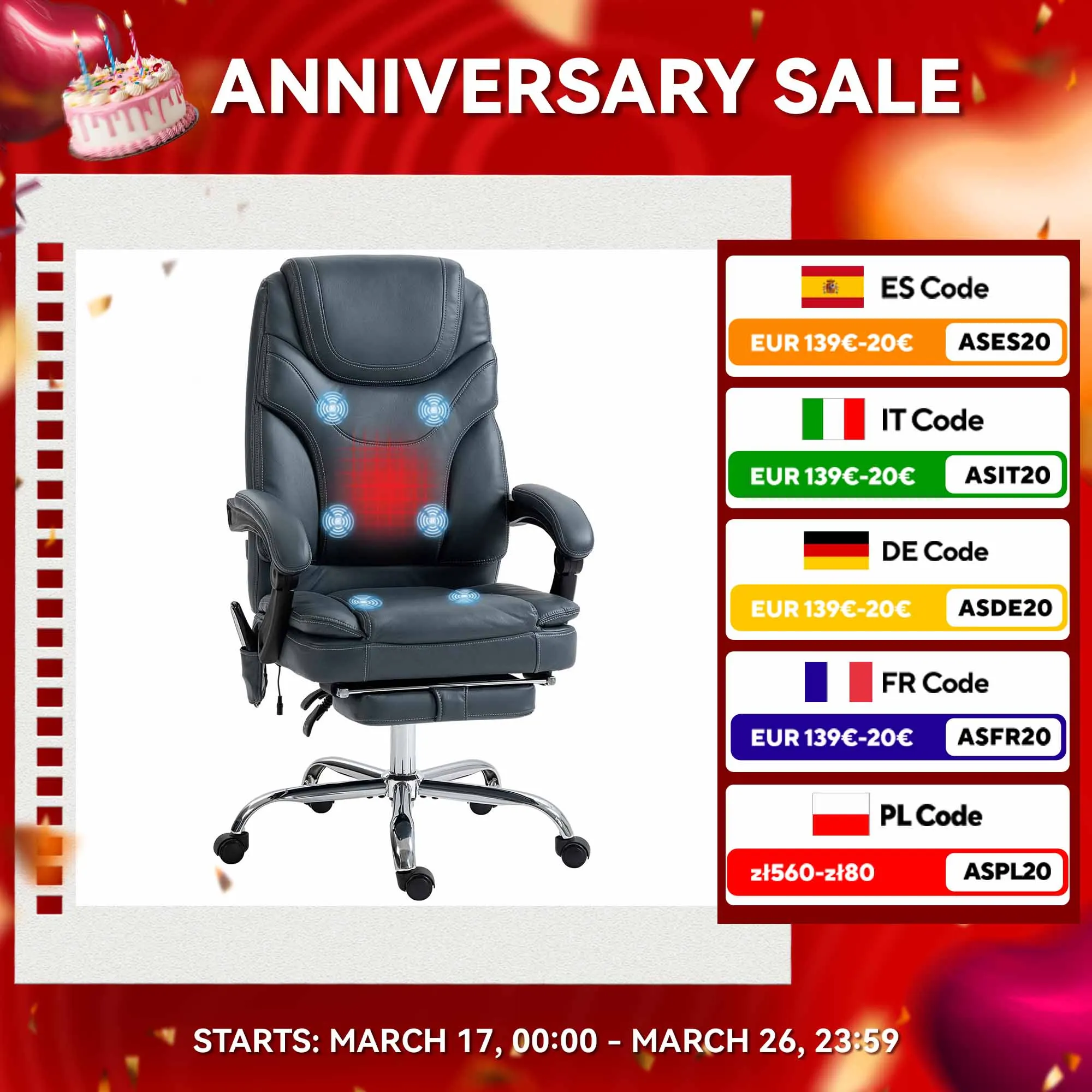 Vinsetto Silla de Masaje con 6 Puntos de Vibración y Calefacción Tapizado en Cuero PU Silla de Oficina Reclinable con Reposapiés y Altura Ajustable 67x67x113-121 cm Gris