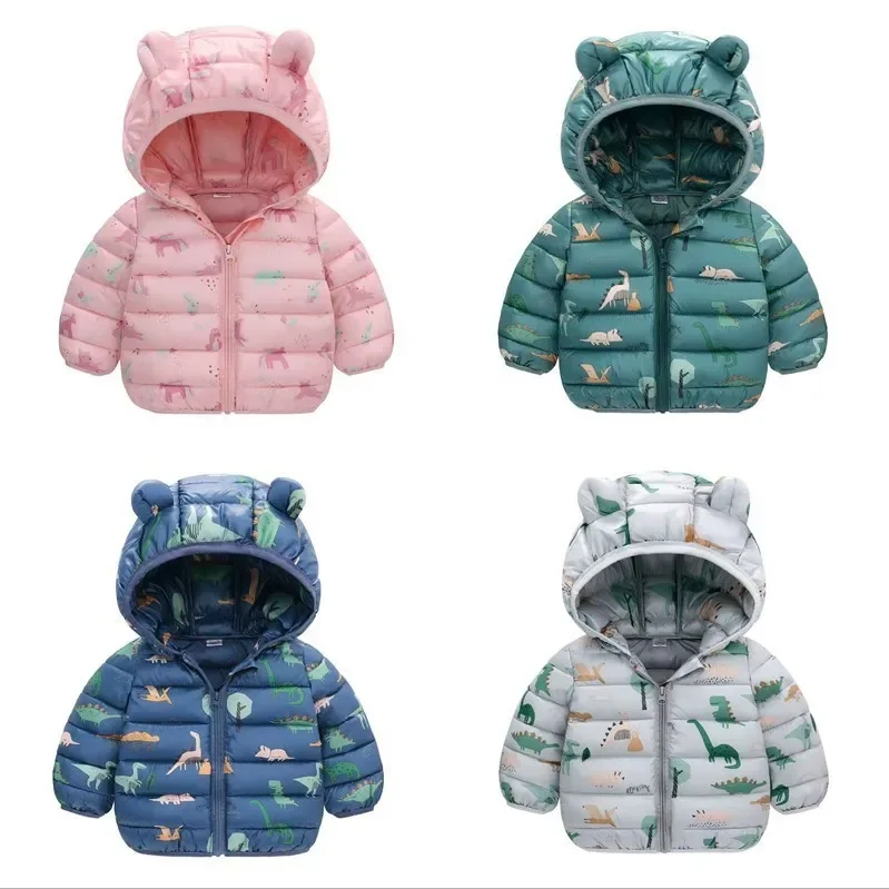 Chaquetas de plumón ligeras con capucha para niños y niñas, abrigos cálidos con estampado de dinosaurio de dibujos animados, ropa informal de otoño - imagen 3