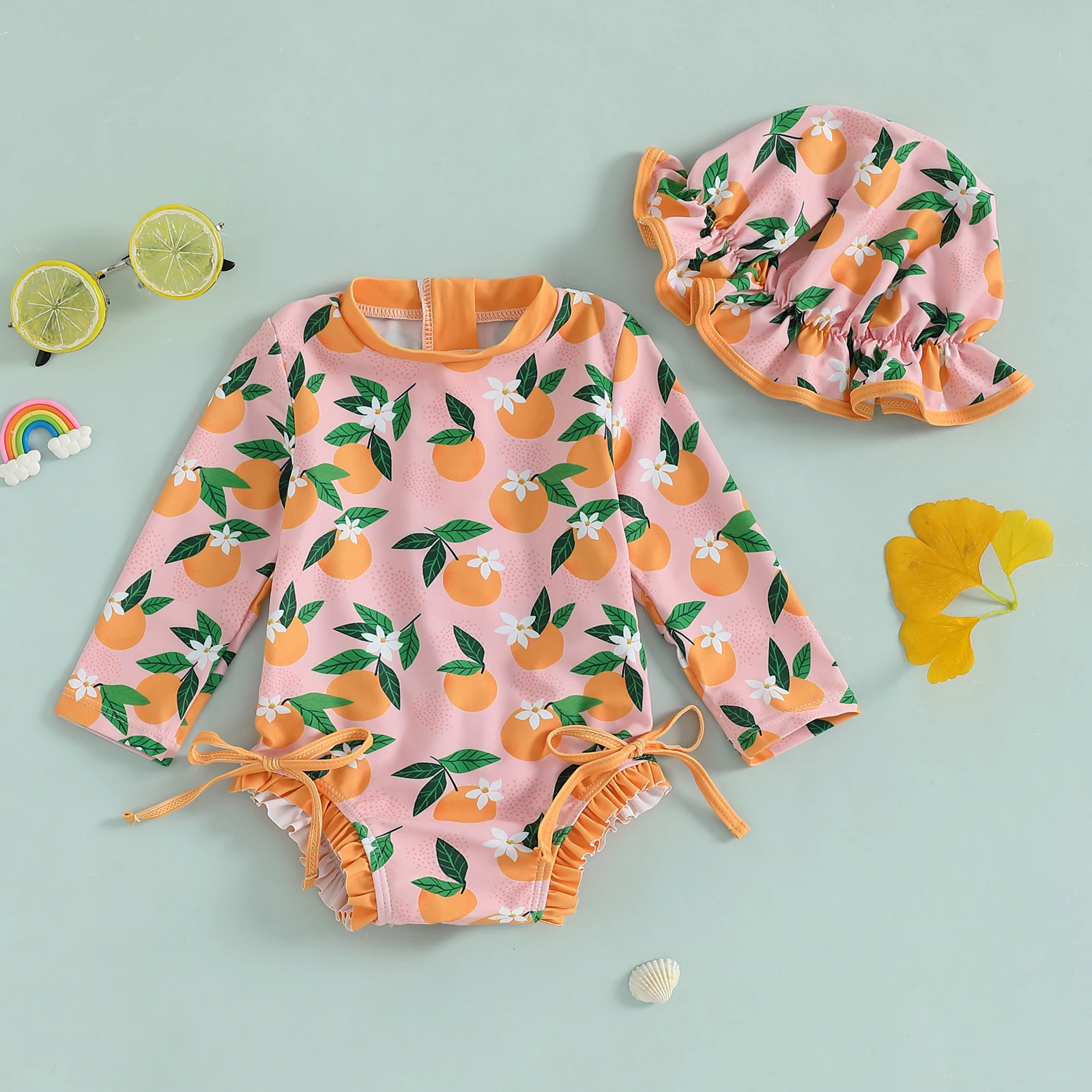 Trajes de baño para niñas de 0 a 24 meses, traje de baño con estampado de cuadros/flor/fruta, volantes, protector contra sarpullidos y gorro de baño para niños pequeños