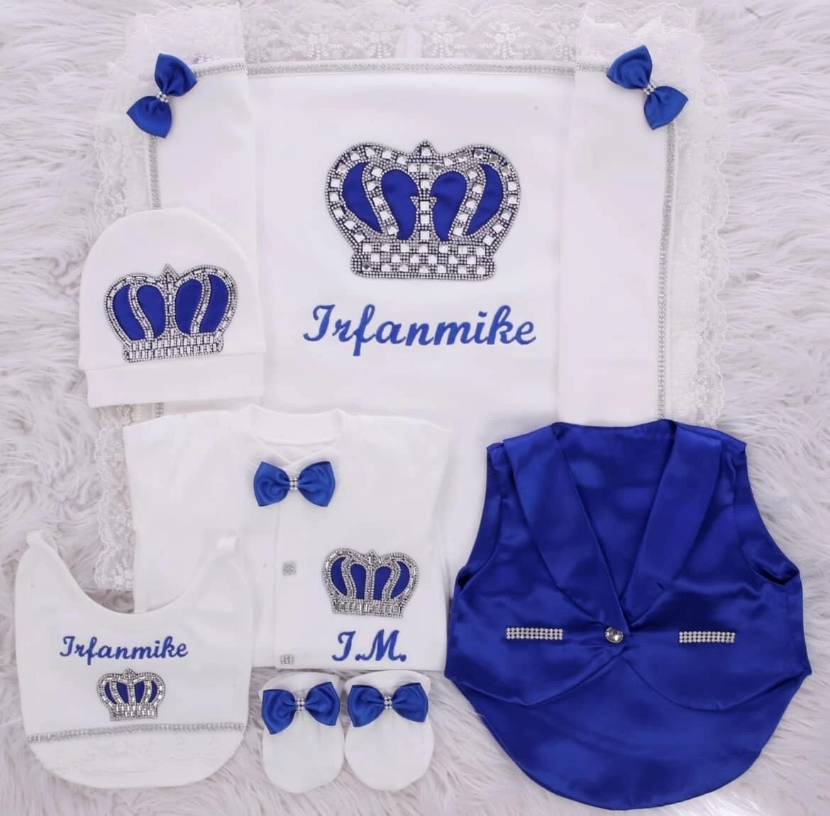 Peleles con nombre de bebé bordado personalizado, ropa, joyería de corona, manta envolvente de lujo, decoración, conjunto de regalo de Navidad para 1er bautismo - imagen 2