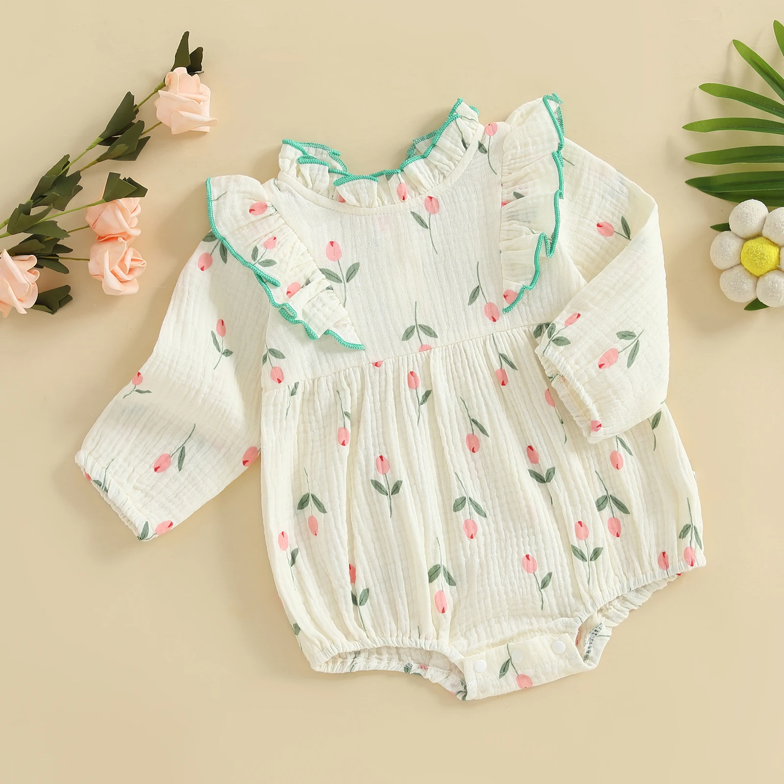 VISgogo Mameluco de otoño para niñas, monos informales de manga larga con volantes y estampado floral para recién nacidos, ropa de moda - imagen 3