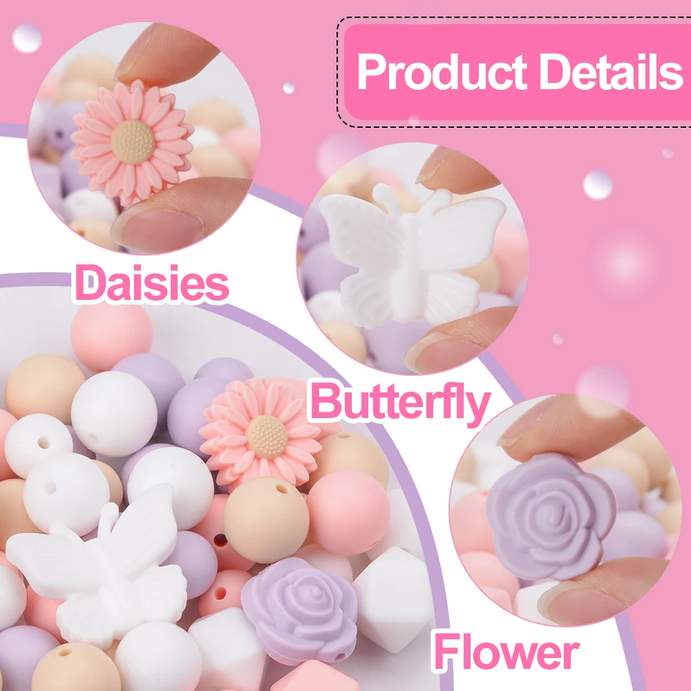 LOFCA-Cuentas de mariposa tridimensionales de silicona, forma de Animal para bebé, dentición de insectos, chupete de lactancia para bebé, sin BPA, DIY, 57 piezas