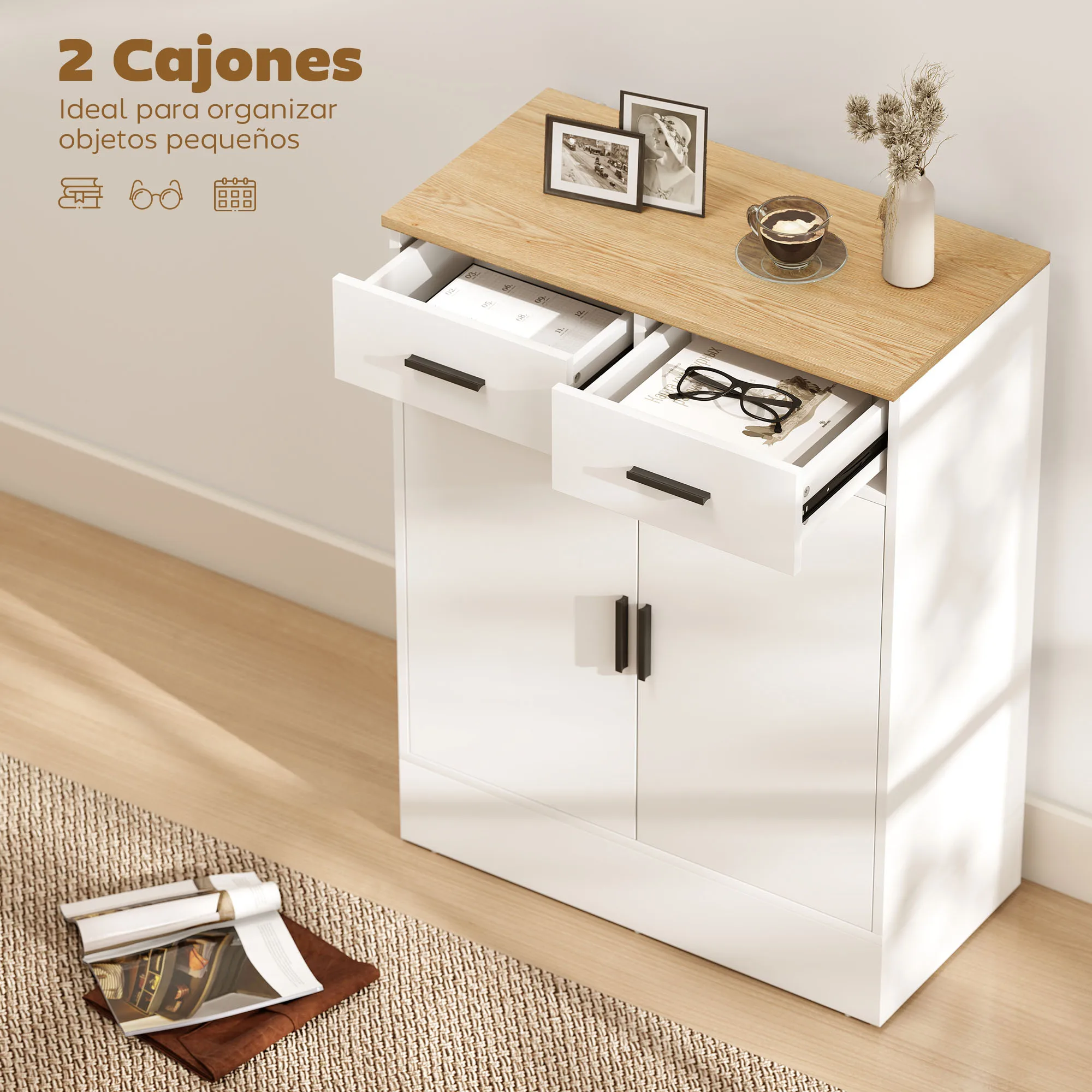 HOMCOM Aparador de 2 Puertas, Aparador de Salón con 2 Cajones y Estantes Ajustables, para Cocina, Entrada, Dormitorio, Blanco y Natural, 68,6x35x90,3 cm - imagen 4