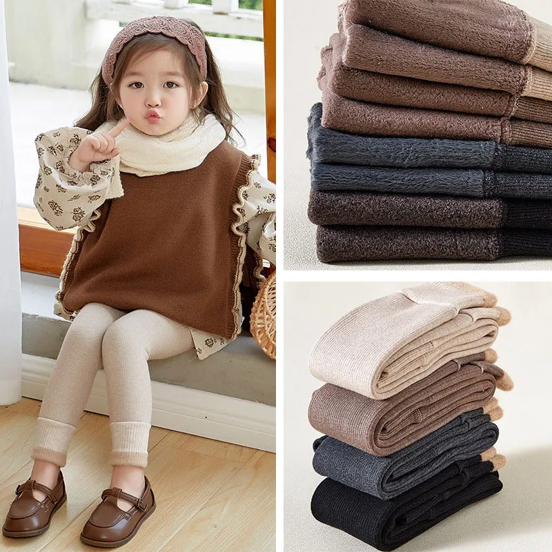 Leggings de otoño para niños, pantalones cálidos acolchados de lana para niños pequeños de Color sólido - imagen 2
