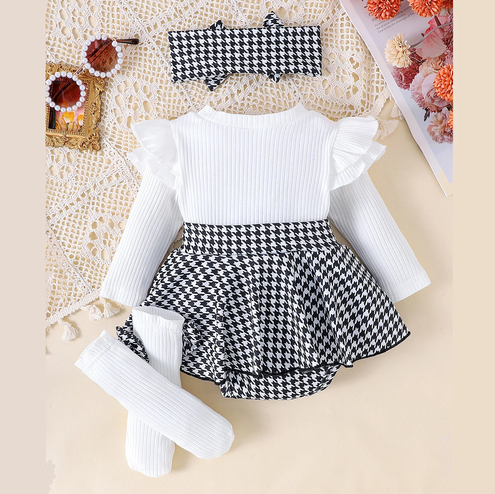 Ropa de otoño para niñas recién nacidas, mono de algodón de manga larga con bonito lazo a cuadros, banda para el pelo y calcetines, ropa de Boutique para bebés BC651, 4 Uds. - imagen 5