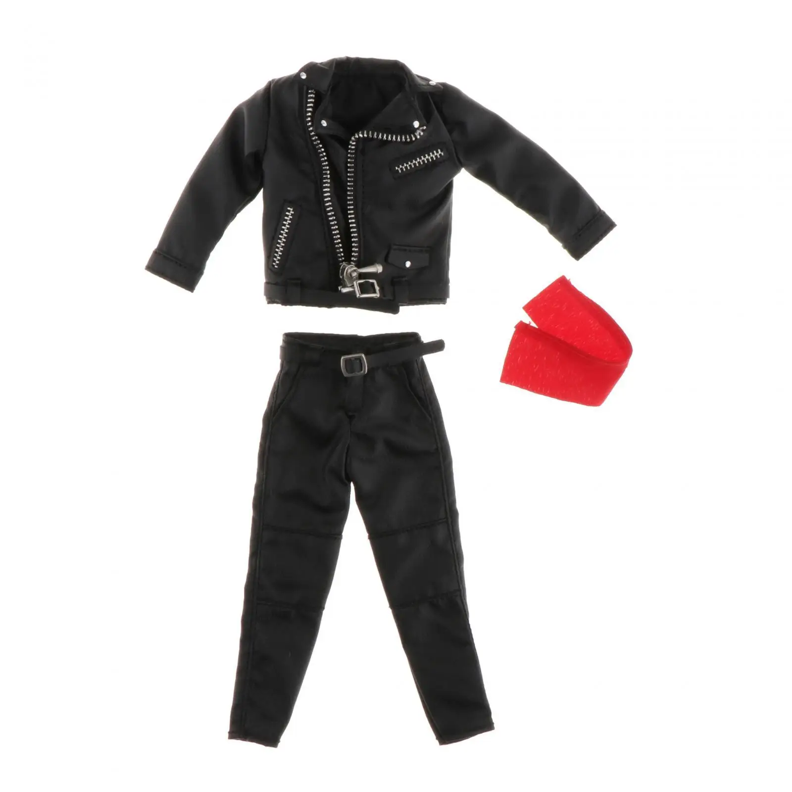 1:12 Man PU Leather Jacket Set with Pants Belt Scarf Handmade Action Figures Clothes Outfit Costume Miniature for 6'' Figures