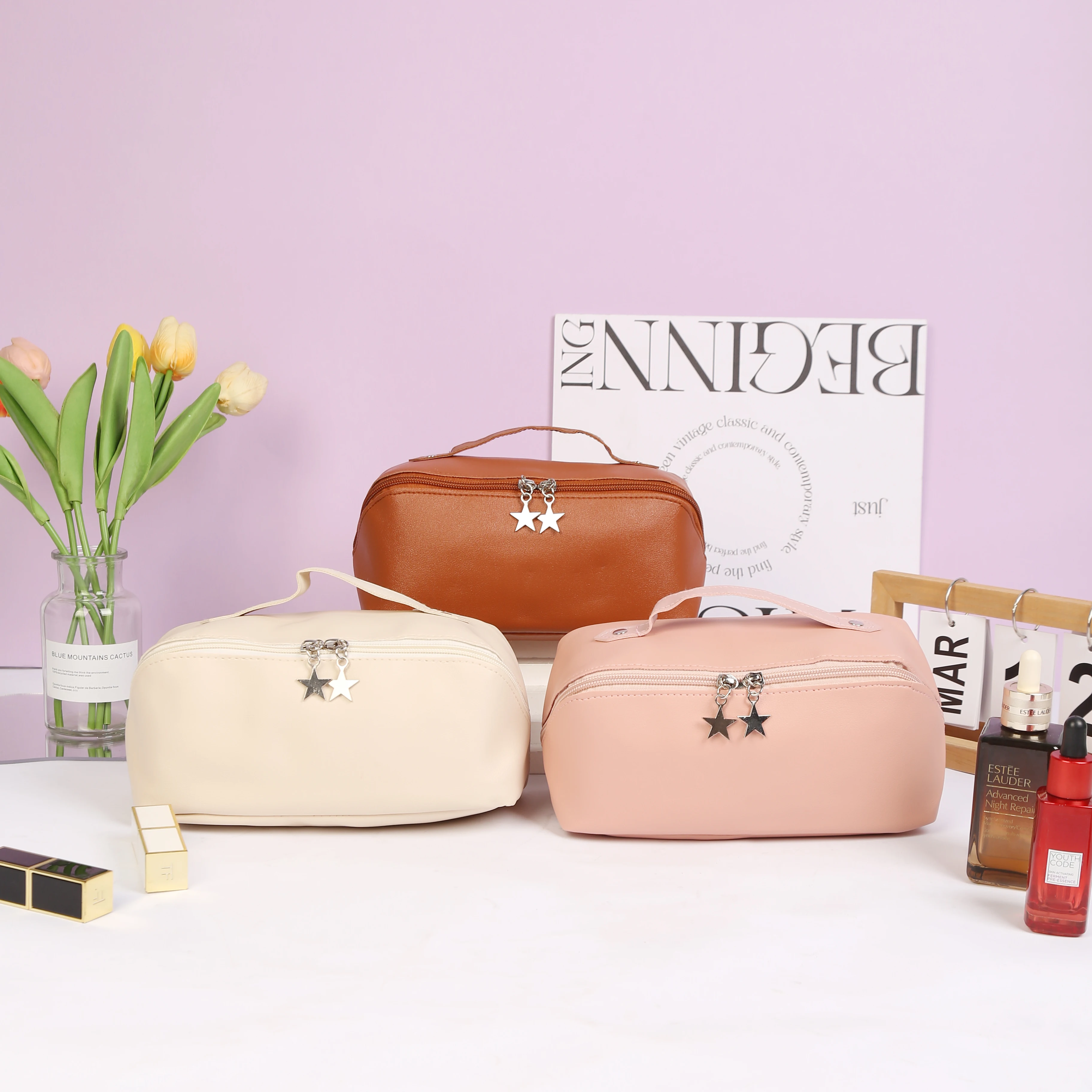 Bolsas de cosméticos para mujer, elegante bolsa de maquillaje de cuero PU, organizador de artículos de tocador de viaje, bolsa colgante de almacenamiento, bolso de maquillaje de mano coreano