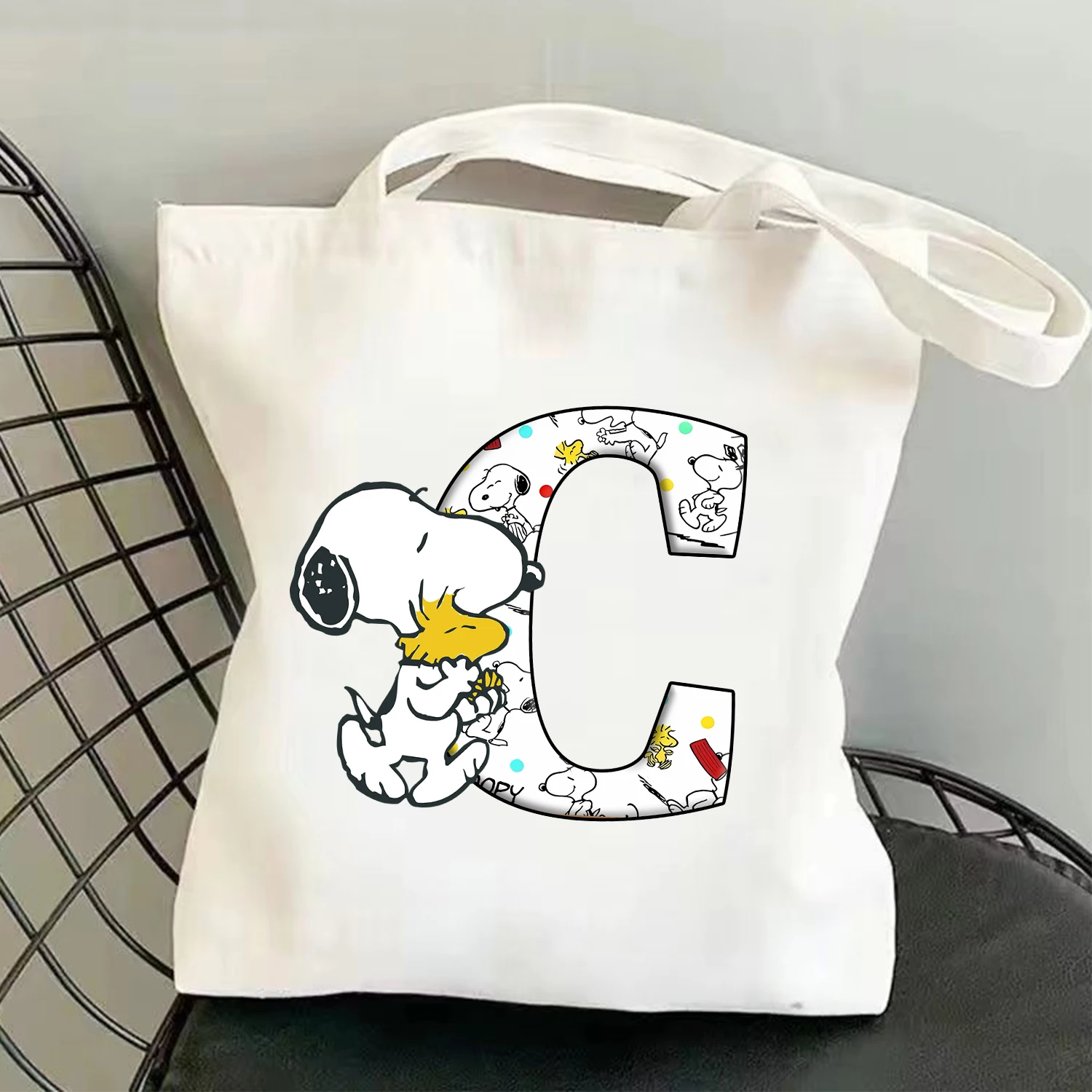 스누피 A-Z 편지 캔버스 핸드백 새로운 만화 패턴 쇼핑 숄더 백 대용량 겨드랑이 가방 패션 보관 가방 선물 - imagen 3