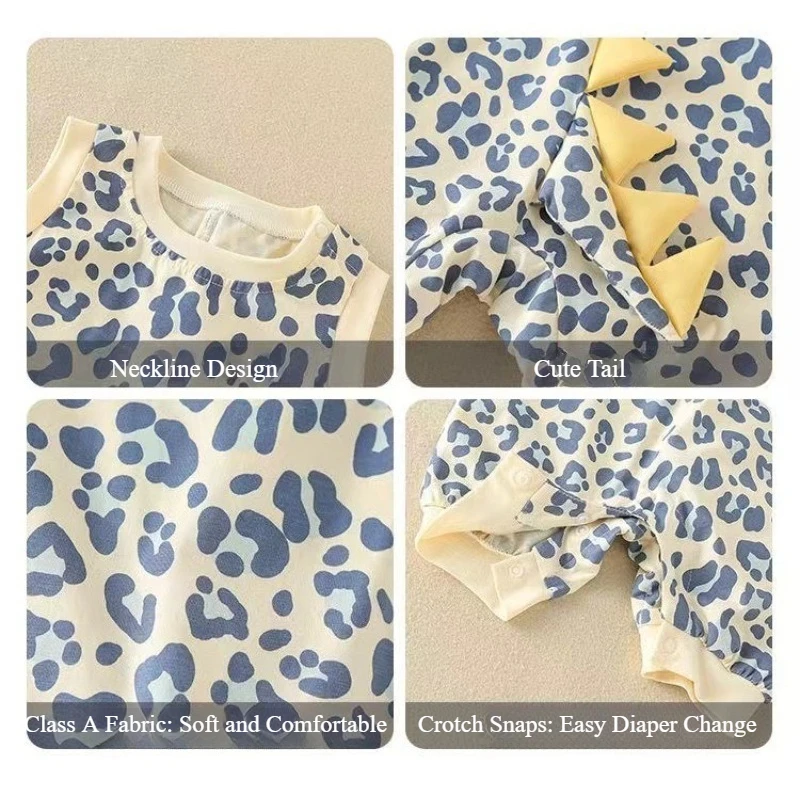 Mameluco Unisex con estampado ligero de verano para bebé, mono sin mangas con bonito dinosaurio de dibujos animados, camiseta sin mangas transpirable para bebés - imagen 5