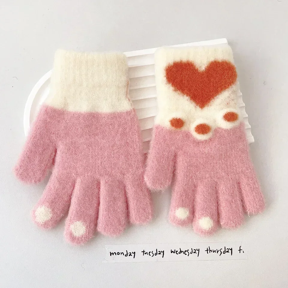 Guante de punto cálido para niños, guante de dibujos animados peludos, estilo Corazón, grueso, dulce, lindo, otoño e invierno, 1 par - imagen 3