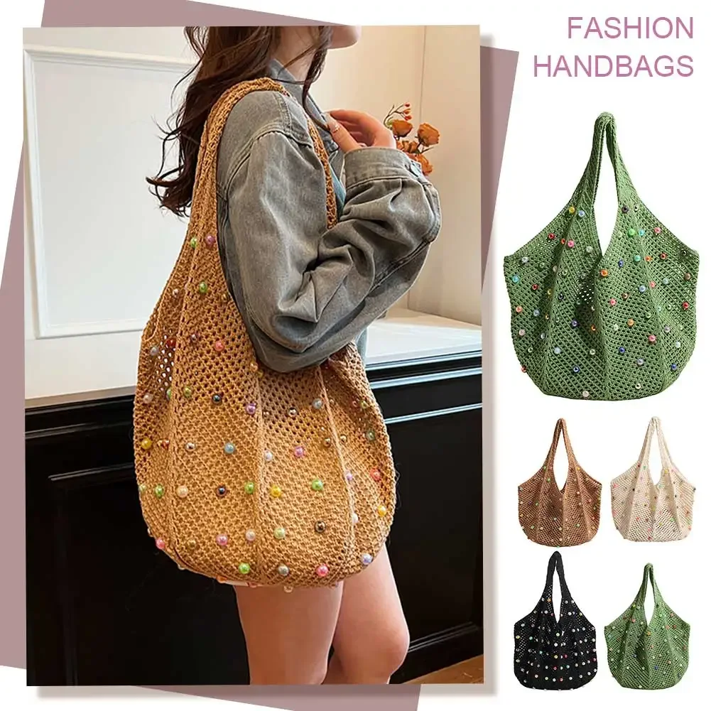 Bolso de ganchillo bohemio para mujer con cuentas de colores, bolso de punto estético, bolso de mano tejido de gran capacidad, bolso de mano diario para mujer