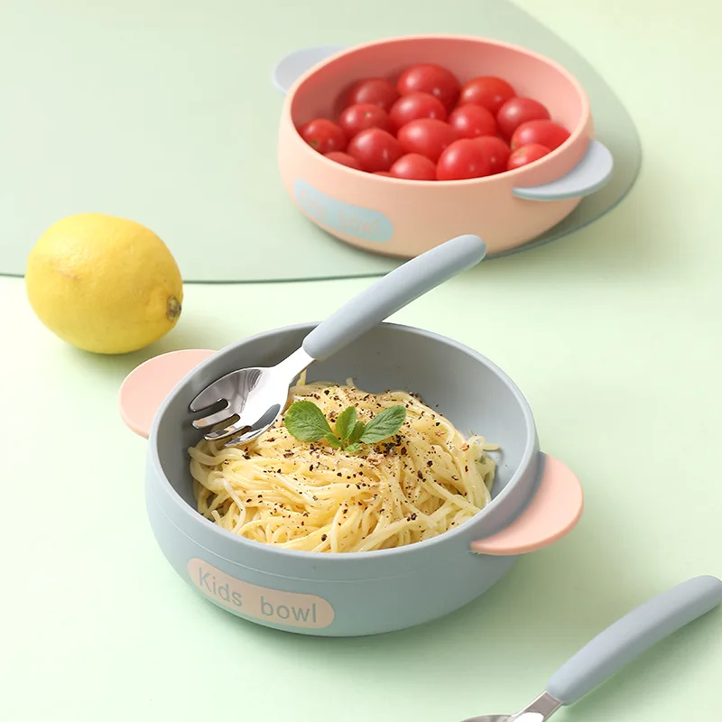 Cuenco de alimentación de bebé de silicona, vajilla para niños, cuenco de succión con cuchara, tenedor, platos para niños, utensilios de cocina anticaída, cosas para bebés - imagen 4