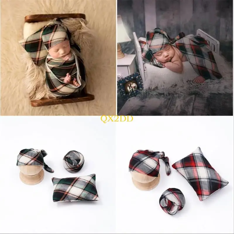 QX2D Accesorios fotografía para bebés recién nacidos, disfraz para niño y niña, sombrero y almohada a cuadros