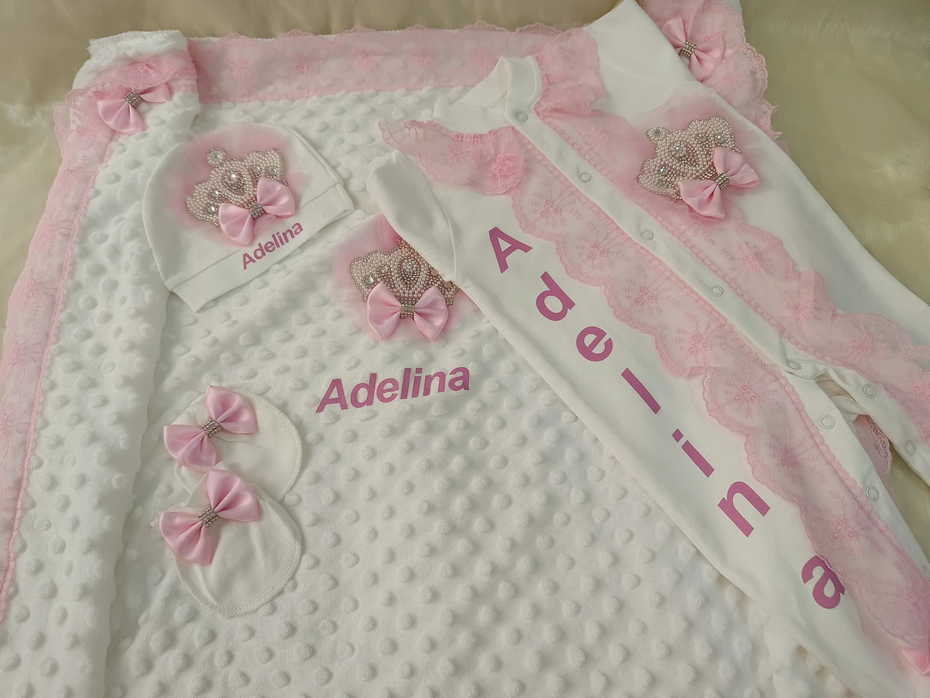 Juego de 5 piezas de vinilo hecho a mano para niña recién nacida, joyería personalizada con nombre, corona rosa, regalo de lujo
