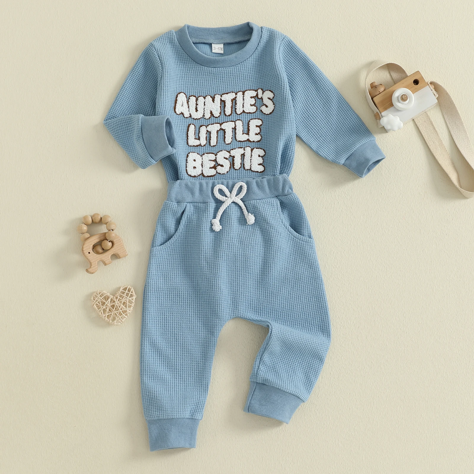 Suefunskry-Conjunto de trajes para bebé (niño o niña), pelele bordado con letras y cuello redondo de manga larga con cintura elástica, pantalones para correr, conjunto de otoño - imagen 3