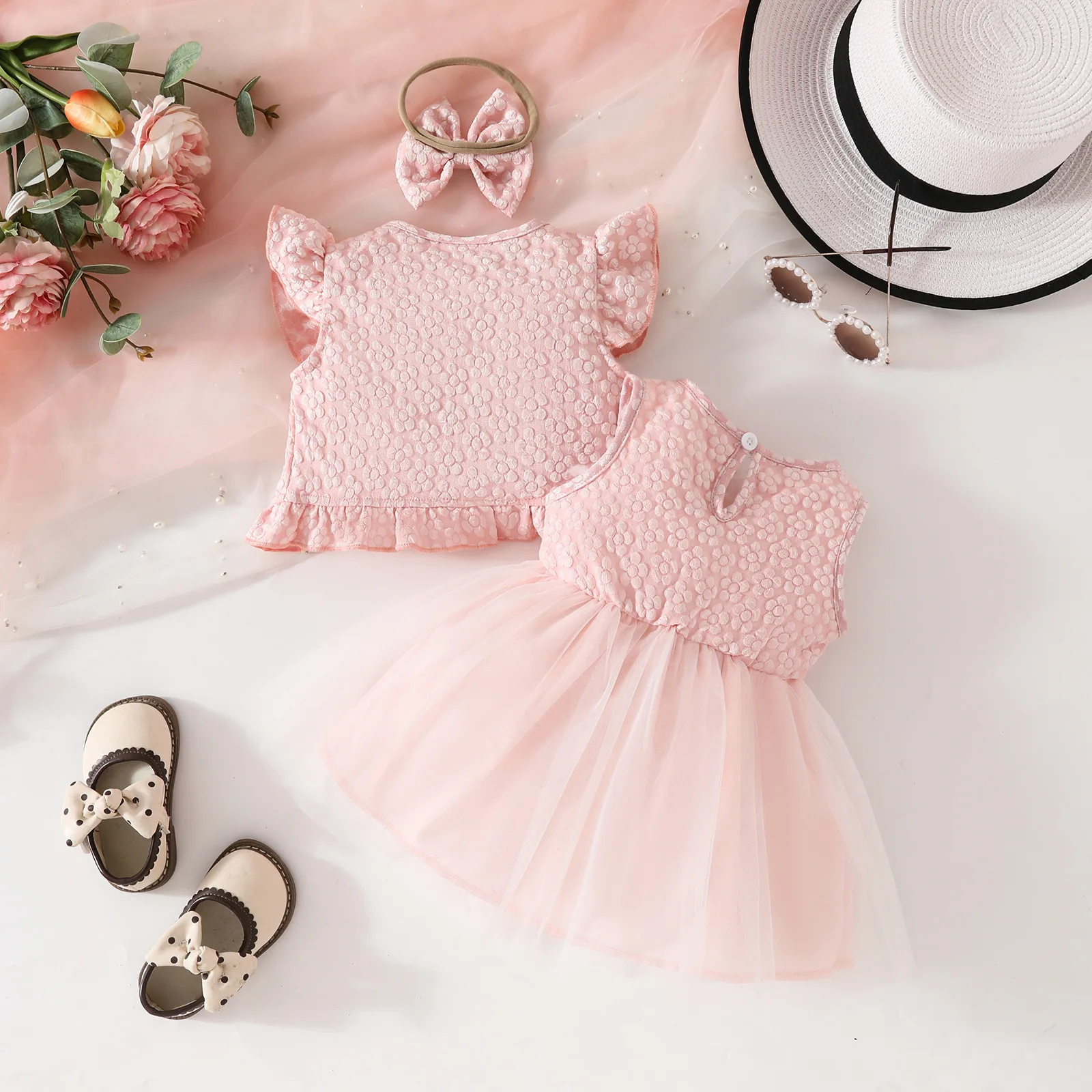 Ropa de verano de 3 piezas para niña, Tops coreanos con lazo de flores y vestido de princesa sin mangas de malla, conjuntos de artículos para recién nacidos B104 - imagen 5