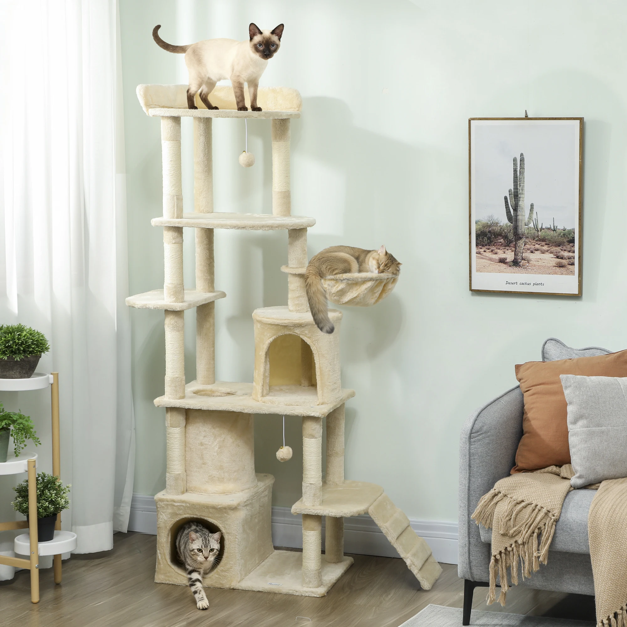 PawHut Árbol Rascador para Gatos Grande, Árbol para Gatos, Altura 170 cm, Torre de Escalada con 7 Postes, 1 Túnel, 3 Plataformas, 2 Cuevas, 1 Hamaca, 1 Percha, 1 Rampa, Pompones - imagen 2