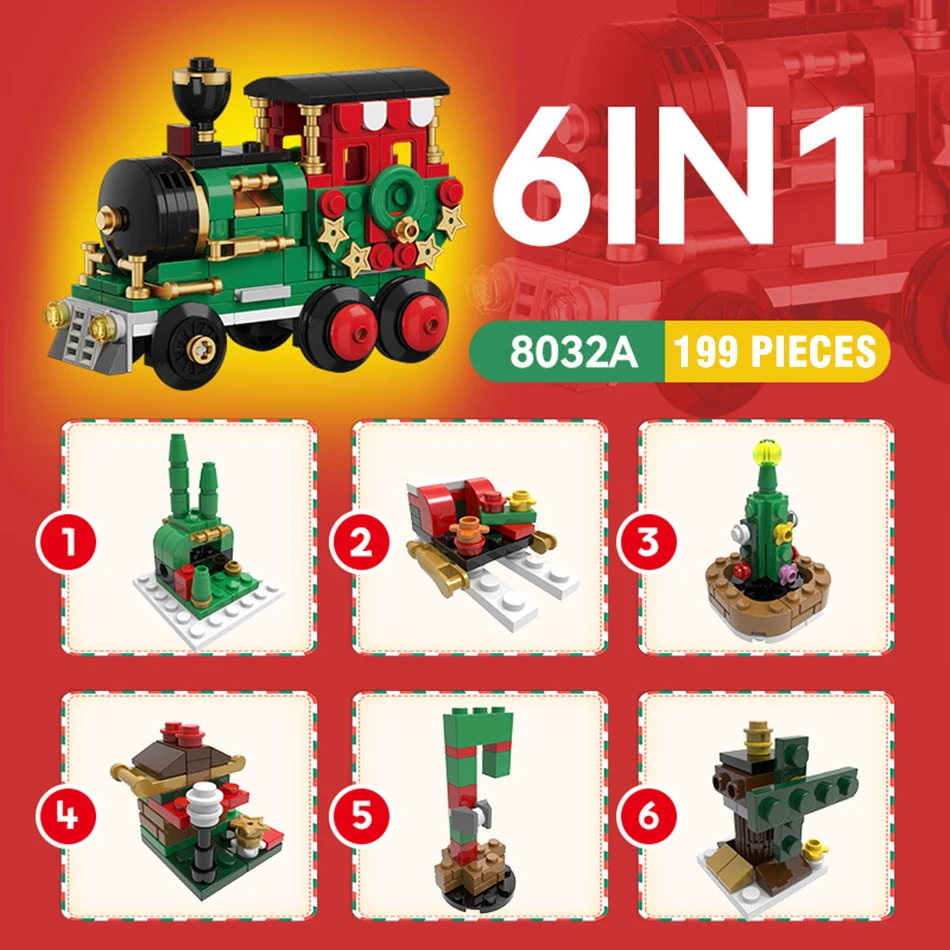    Pueblo tren de Navidad casa de vacaciones trineo carro árbol de Navidad modelo bloques de construcción montaje niños regalo de Navidad - imagen 3